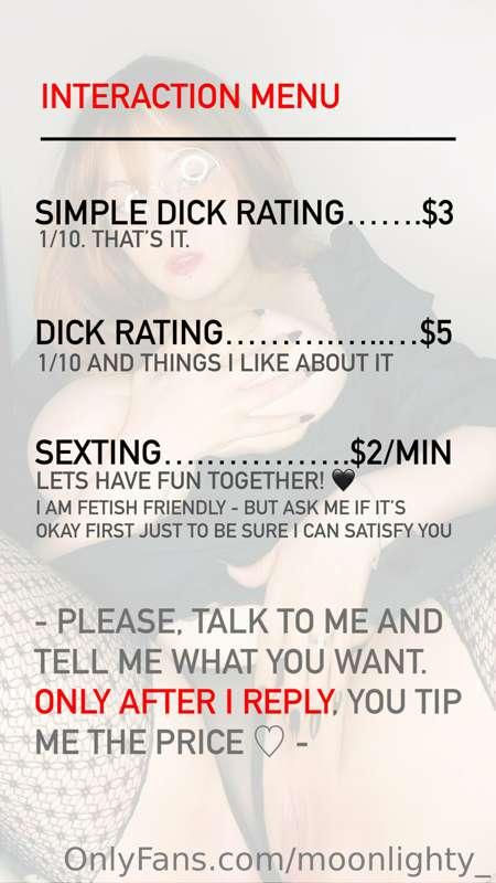 Good news for you guys! I’m doing dick ratings and sexting! ..