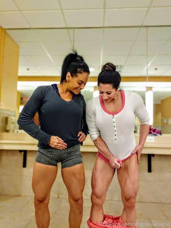My friend Angela and I having a leg flex off after training ..