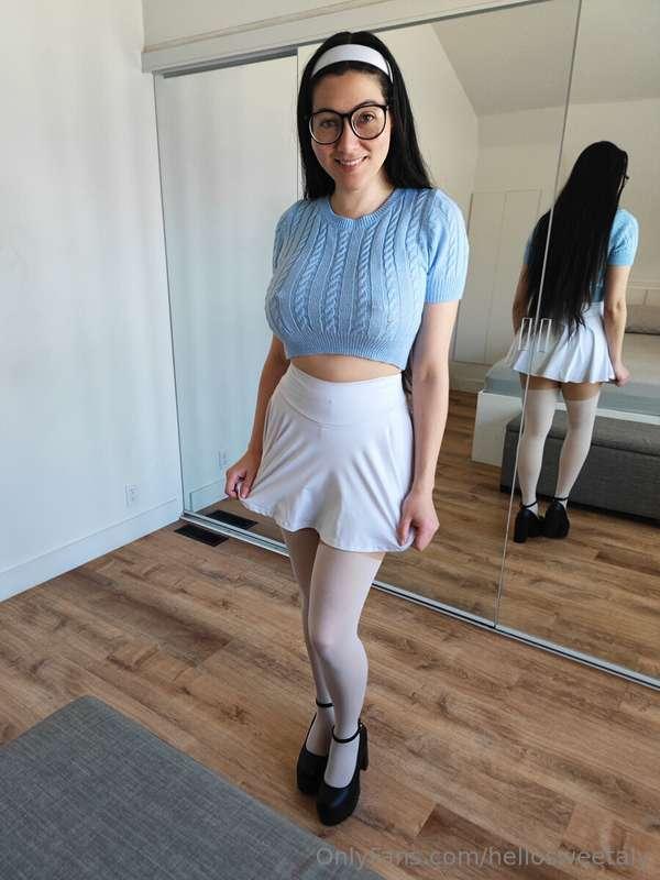 #1141 - Blue crop sweater with a white skirt and faux stocki..