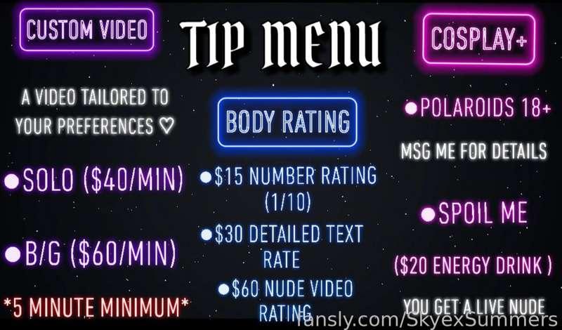 My Tip Menu ;3
Pls Specify what the tip is for through DM, or it will be considered generosity ♡