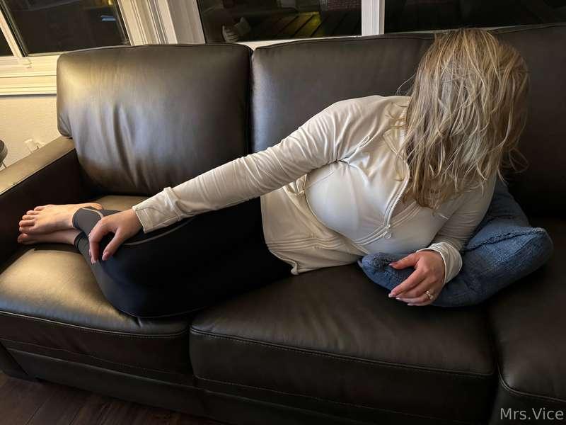 Just taking some time to relax on the couch…. No cleavage an..