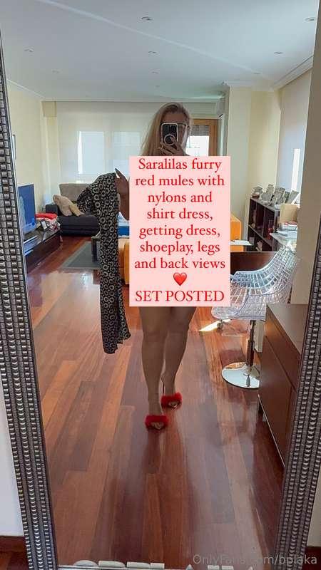 Saralilas furry red mules with nylons and shirt dress, getti..