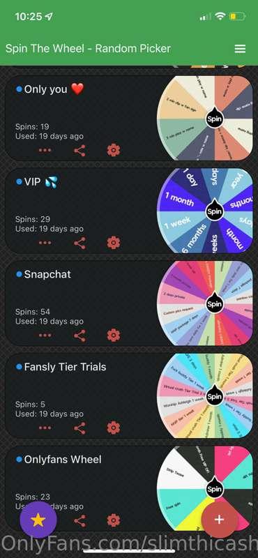## 🎡 Pick a  wheel 🎡 
$15/spin 
$25/2 spins 
$35/3 spins

❤️..