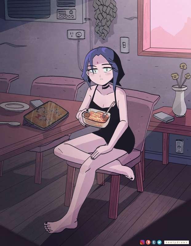 Raven eating leftover spaghetti (+naked version)