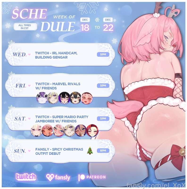 📅 SCHEDULE FOR DECEMBER 18TH - DECEMBER 22ND 📅

🎄 SPICY CHRISTMAS OUTFIT DEBUT!! 🎄
SUNDAY AT 8PM CST 💙

LOTS OF COLLABS WITH  FRIENDS COME AND JOIN US!! 💃✨

❄️ TWITCH → http://twitch.tv/el_xox
❄️ 18+ AUDIOS→ patreon.com/el_XoX
❄️ DISCORD → https://discord.com/invite/elXoX
❄️ LINKS → http://elxox.carrd.co
🎨/ #34_XoX
#hentai #vtuber