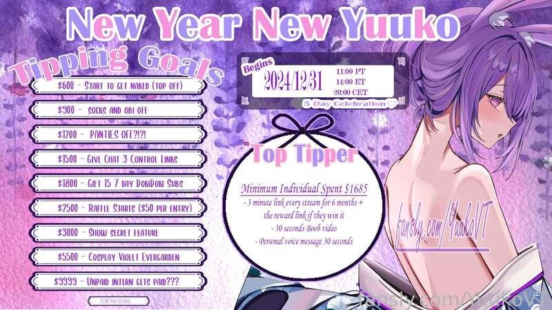 ご主人様〜❤

We are 34 days away from the lewd model debut!!! I am soooo excited to show everyone what we have been working towards for the last 6 months. On December 31 we will kick off the New Year New Yuuko 5-day celebration! There will be goals to strip my new model, a raffle, and many other goals listed in the graphic below.

The top tipper for the celebration will get a 3 min link per stream for 6 months, 30 sec boob video, and 30 sec personal voice note. To win these amazing prizes the individual must spend a minimum of $1685 during the course of the celebration. So good luck to those trying for the top.

Last note, if you needed any convincing to spoil me during the celebration, here is a short video of my new model's boob jiggle ;).  

#vtuber #lewdtuber #hentai #debut #yuukovt #celebration #asmr #milf #findom #brat #princess #asian #fyp #egirl #japanese
