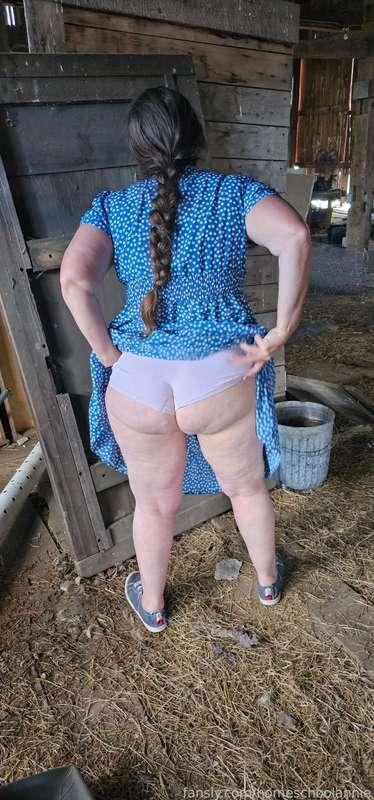 Before having a little fun in the upper barn.

#stripping #ass #bigass #barn #farm #upskirt #braids #milf #wife