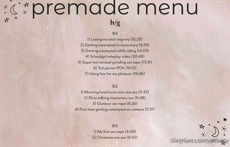 All of my menus!! B/g, custom, solo!