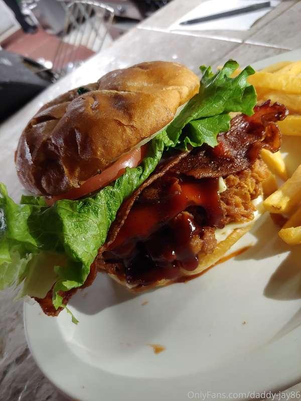 Beer battered chicken burger. Really good with wing sauce on..