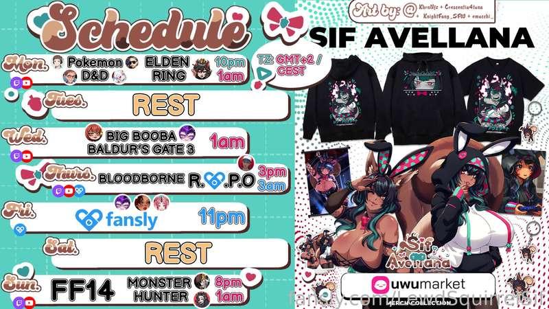 SCHEDULE  Apr 14-20🐰GMT+2🐰

🌰M -  Pkm DnD + ER @MistressM_  
🌰W- BG3 @battiechan   @RedMageLynx 
🌰TH - HOOONT + 🔞REPO🔞 
 @atramentum_x
🌰F - 🔞 MONSTERS FUCKERS 🔞 @GoddessReverie @battiechan @PegasusWitchVT
🌰S - FF14 +MH  Lonestarcolt 
&amp; DocViviLeandra

✨MERCH DOWN HERE🔽🔽🔽
https://uwumarket.us/collections/sif-avellana

Follow me on
💚 http://twitch.tv/sifavellana 
💚 https://twitter.com/MassiveNutsSif
💚 https://bsky.app/profile/sifavellana.massivenuts.dk
💚 https://youtube.com/@MassiveNutsSif
💚 https://www.tiktok.com/@massivenutssif

🎁 Lovense wishlist &amp; funding
 https://www.lovense.com/wish-list/ej7u
 https://www.lovense.com/wish-list/ej7u
🎁Throne wishlist
 https://throne.me/sifavellana

Extra Support
✨ https://www.lovense.com/r/6bikjb (affiliate)
✨ https://www.otonajp.com?xid=sfvL  or add ?xid=sfvL to any product URL and use code "NUTTERS" to get 10% off
✨ https://gamersupps.gg/nutlet
✨ https://uwumarket.us/collections/sif-avellana

*Schedule may change due to squirrels chaotic nature

#vtuber #schedule #fyp