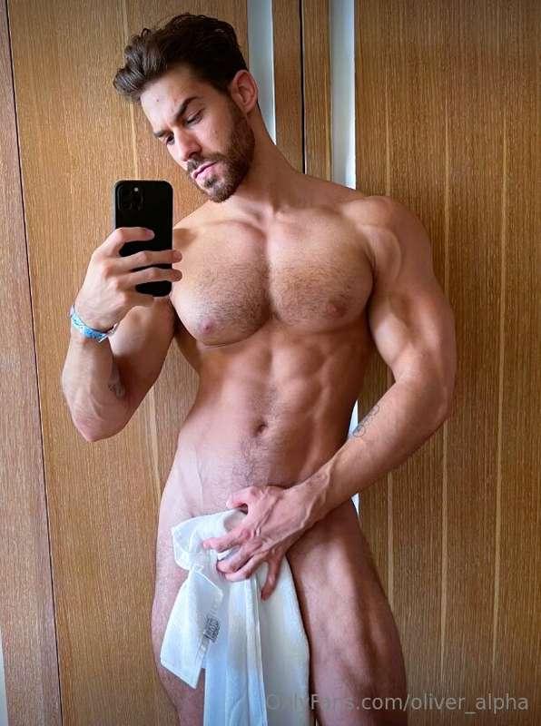 napping a mirror shot, abs on display, just a towel in my ha..