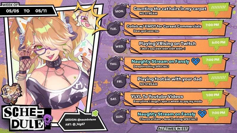 ☘️ Schedule for this week ☘️
Watching cursed commercials, playing silly vampire game and FORCED TO PAY MY MODS?? 

https://www.twitch.tv/kamilabombette
https://www.fansly.com/live/KumBomb 