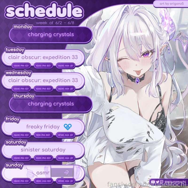 Schedule for this week 💜⛓️

https://www.twitch.tv/mirunemochi