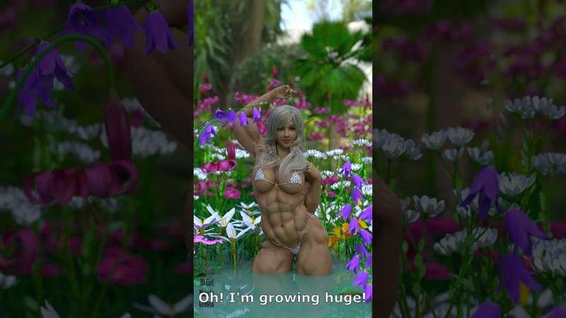 Muscle growth of an elf girl in a pool.