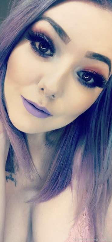 Lace pink bra shoot. Gorgeous purple hair and colorful makeu..