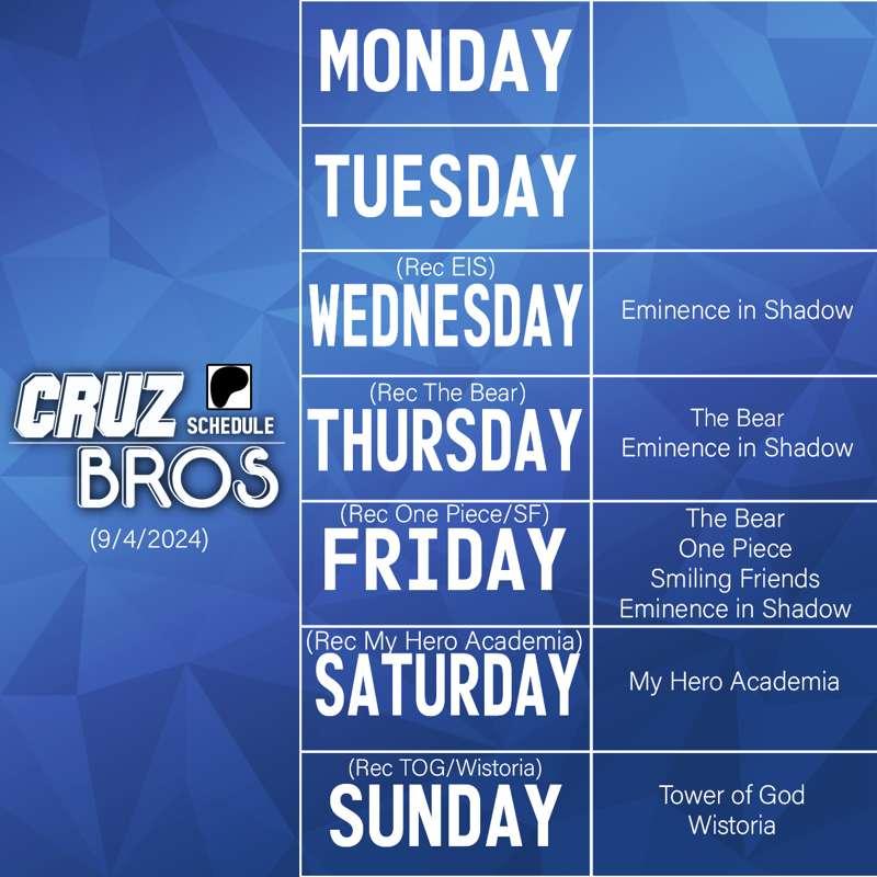 Cruz Bros Weekly Patreon Schedule (9/4/2024)