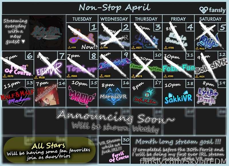 🤍Week 3 Line up for Non-Stop April!!! 🤍

Line up
@HalfnHalf_Madam 
@LewdRebel 
@MomoMelon 
@MarniiVR 
@Safi_N_Sin 
@SakkiVR 
@LyspeAfterDark 