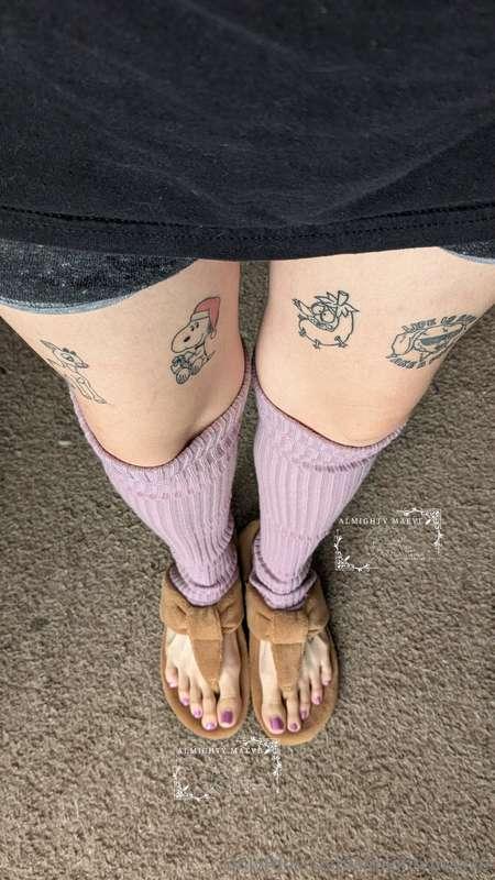 Fun view of My tattoos legs and feet 😄 look out or I'll step..