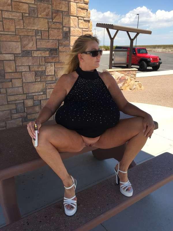 Showing of my huge tits and ass at the hwy. rest area.