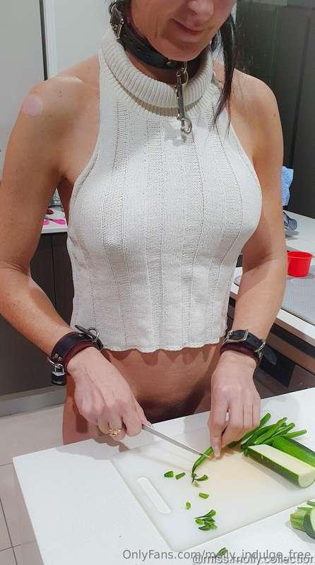 Just a normal night making dinner in collar and cuffs before..
