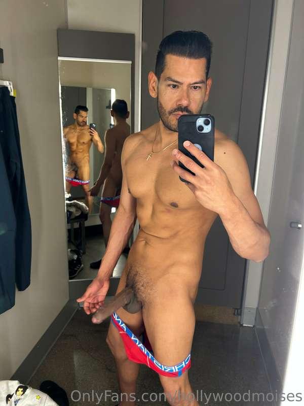 When an exhibitionist is in front of a mirror he does this