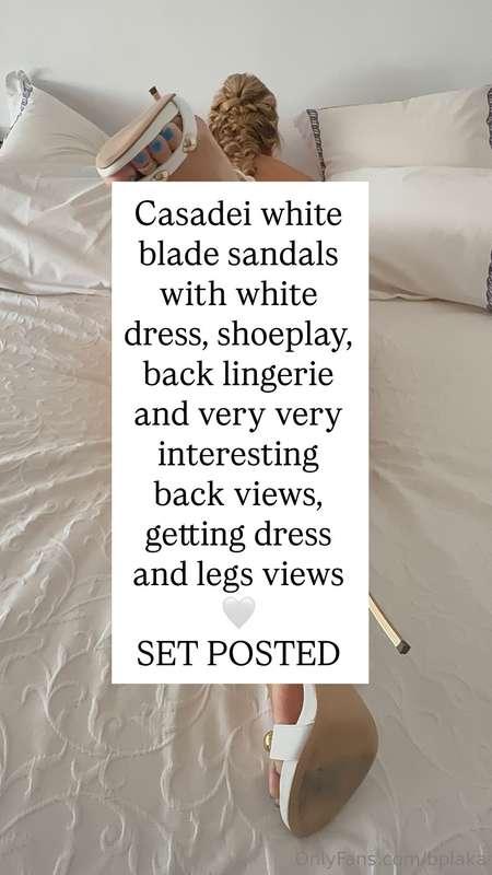 Casadei white blade sandals with white dress, shoeplay, back..