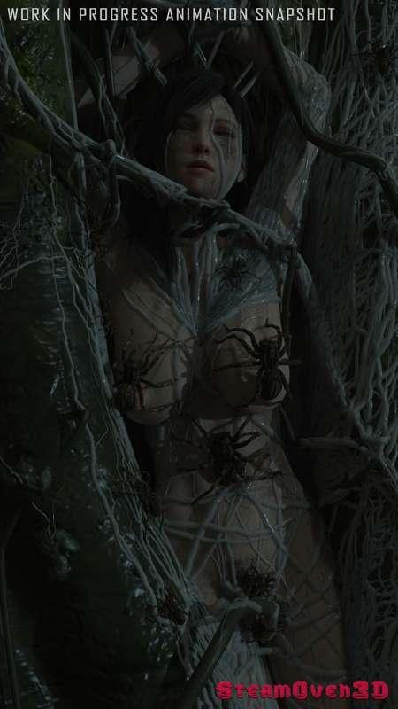 Tifa Lockhart webbed and bred by giant spiders WIP animation stills + title artwork
