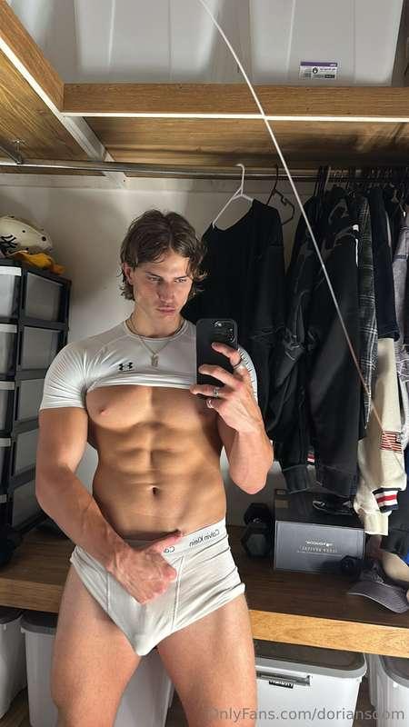 Shirt rolled up, abs tight, cock thick in my boxers how long..