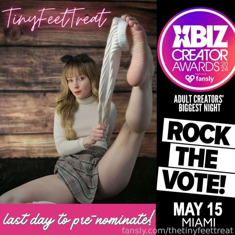 Attention! It's the LAST DAY to pre-nominate me for the XBIZ Fetish Clip Creator of the Year award! 
Vote for me all day. 25 times. No, make it 50 times! 
***DM me proof of your vote today and a get a new nude selfie 👀!*** 
⬇️
https://creatorawards.xbiz.com/n/?c=XCA24-12&amp;n=TinyFeetTreat

#footfetish
#feet