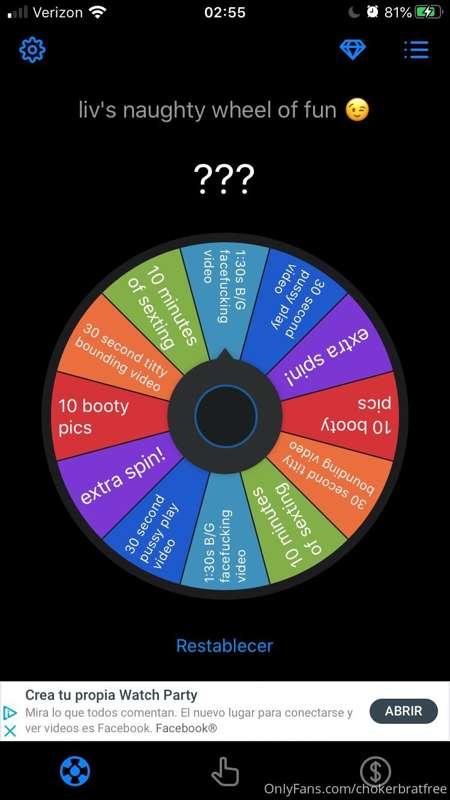 CUM SPIN MY NAUGHTY WHEEL 😉😝 
tip $3 for 1 spin and $5 for 2..