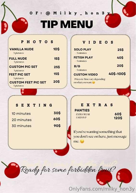 A lot of you have been asking, so here’s a quick TiP MENU. 🍒..