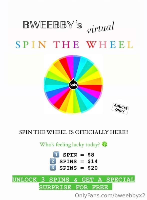 Who's feeling lucky today? 🍀

1 SPIN = $8
SPINS = $14
3 SPIN..