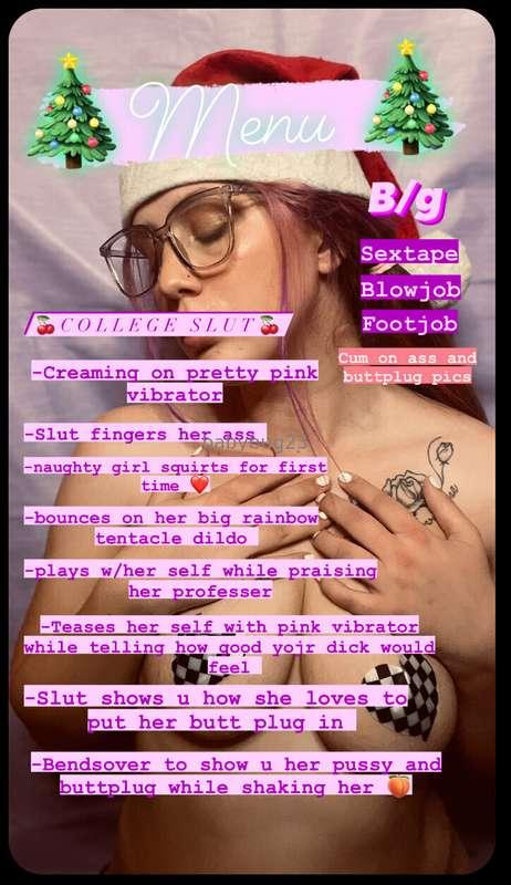 College slut menu is ready  ALL VIDEOS HAVE VOLUME 🎉  Messag..