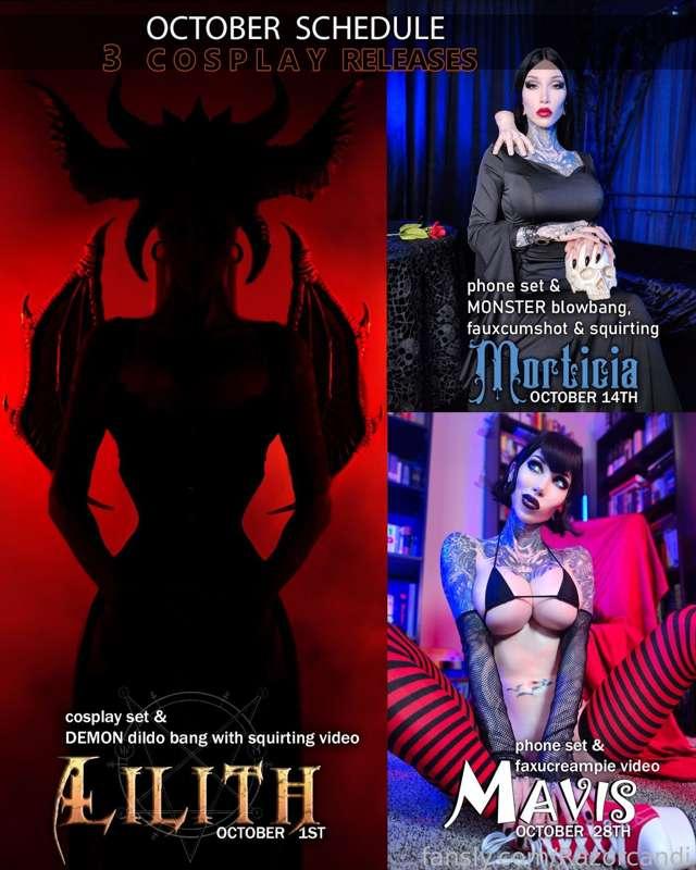 Next month's new sets are listed above with dates! I'll be celebrating the Halloween month of October with THREE cosplay sets! The month will start with my new Diablo themed cosplay set&amp;multi-dildo fucking with squirting 'Lilith' releasing on the 1st (THIS UPCOMING SUNDAY!) Next up is my Addam's Family themed cosplay set&amp;dildobang fauxcumshot squirting video 'Morticia' scheduled to go out on the 14th! Last but not least I'll be sending my third cosplay set&amp;faux-creampie video 'Mavis' on the 28th! Hope you're looking forward to next month's sets!
PS: My 2024 Calendar pre-sales are also starting on October 1st so keep an eye on my webstores! 