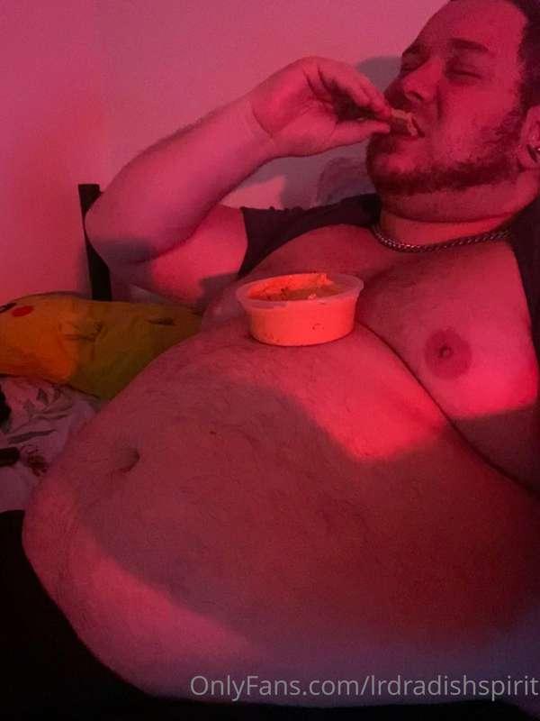 Late night snacking, love using my belly as a table.