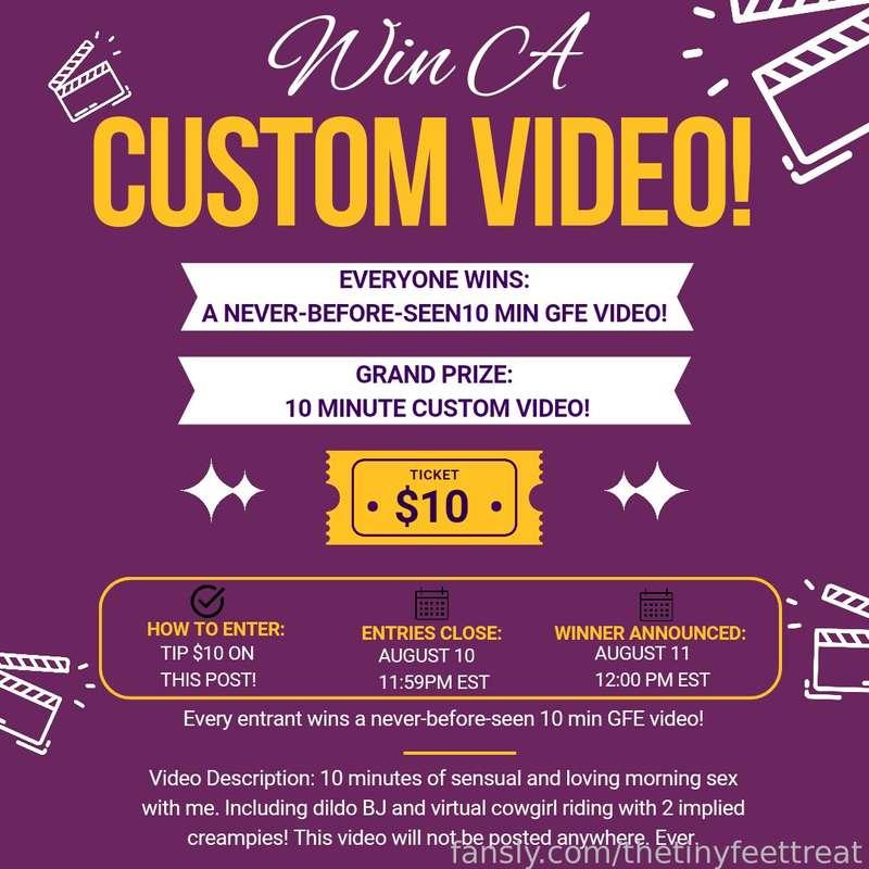 Win A Custom Video!
-
Tip $10 on this post to win:
Grand Prize: A 10 minute custom video!

Consolation Prize:
***EVERYONE*** who enters this drawing will receive a ***AN EXCLUSIVE NEVER-BEFORE-SEEN VID!***

Video Description: 10 minutes of sensual and loving morning sex with me. Including dildo BJ and virtual cowgirl riding with 2 implied creampies.

This video will not be posted anywhere. Ever.

Entries close - August 10th at 11:59pm EST
Winner announced - August 11 at 12pm EST