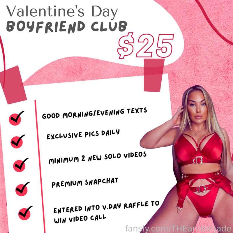 VALENTINES DAY - BOYFRIEND CLUB $25

🌸GOOD MORNING/EVENING TEXTS
🌸EXCLUSIVE PICS DAILY
🌸MINIMUM 2 NEW SOLO VIDS
🌸PREMIUM SNAPCHAT
🌸ENTERED INTO RAFFLE TO WIN VALENTINES DAY VIDEO CALL

* Offer expires Monday 15th Feb