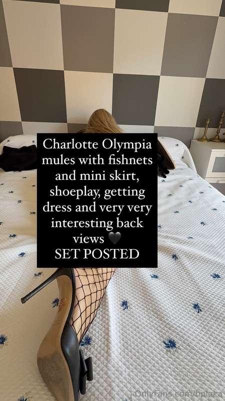 Charlotte Olympia mules with fishnets and mini skirt, shoepl..