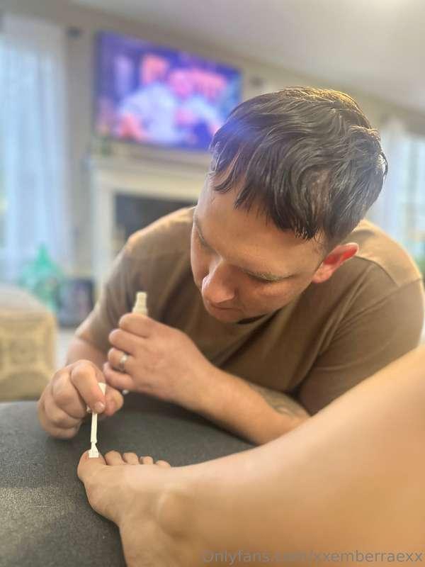 He got home from work & started painting my toe nails for me..
