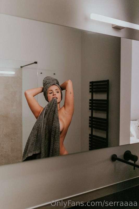 Bathroom heat, towel in my mouth, and just enough tit showin..