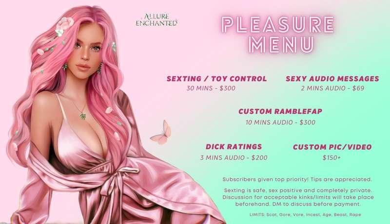 Hi Loves! 

I've updated my prices and have a new pleasure menu to involve a few new services ;)

DM me if you feel like treating yourself ♡

Allure x

#menu #sexting #toycontrol #nudes #voiceactress #bigtits #fyp