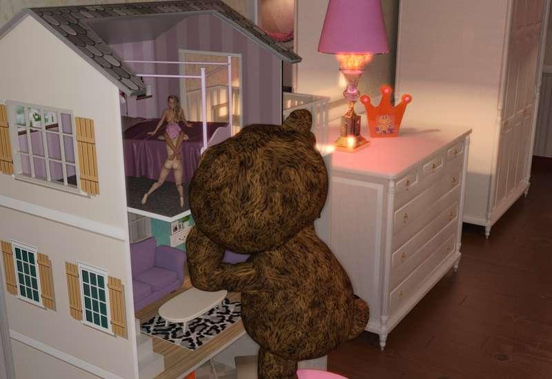 Living dolls being naughty in the doll house while a living teddy peeps in.