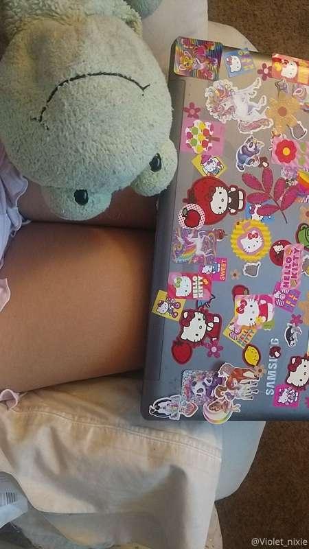 My old laptop with pretty stickers and my stuffie ben the fr..
