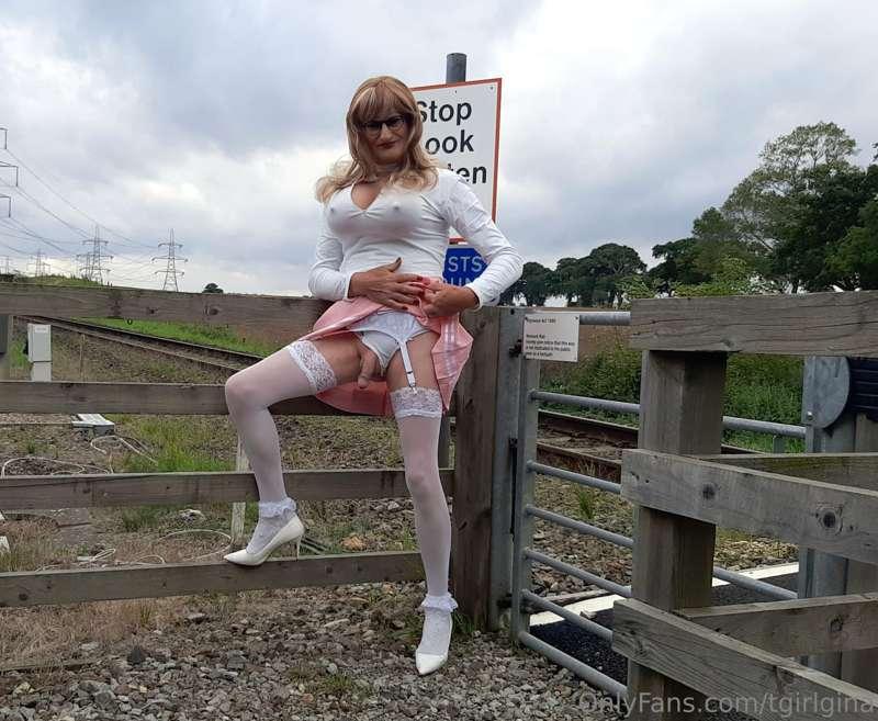 Sissy crossdresser at the level crossing photo set