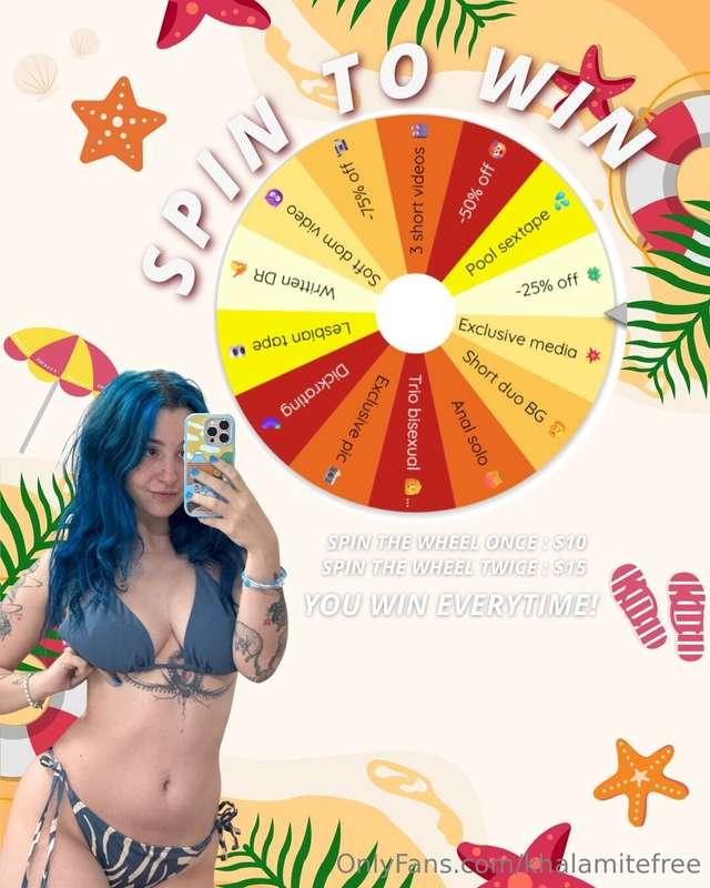 The summer wheel is here :3 Tip $10 for a spin or $15 for tw..