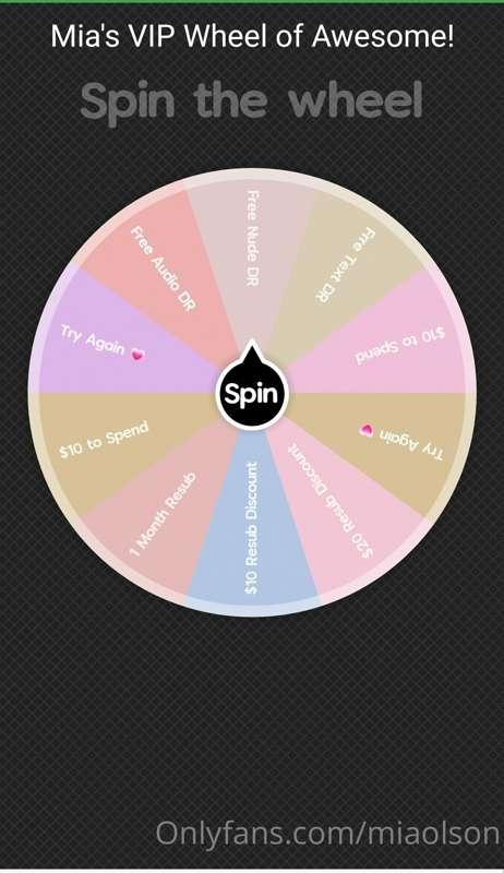 ⭐️🔥 MIA'S VIP WHEEL OF AWESOME! 🔥⭐️

⭐️ Every spin costs $10..