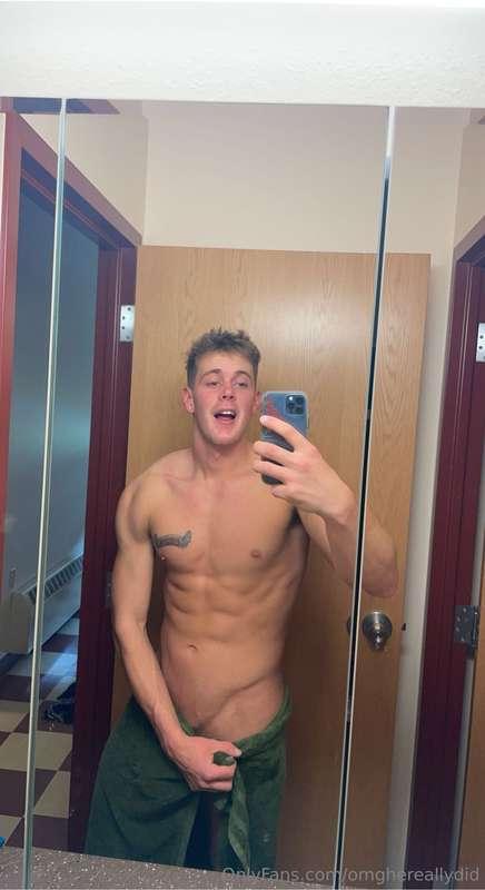 Fresh out of the shower! Watch me drop this towel to see how..