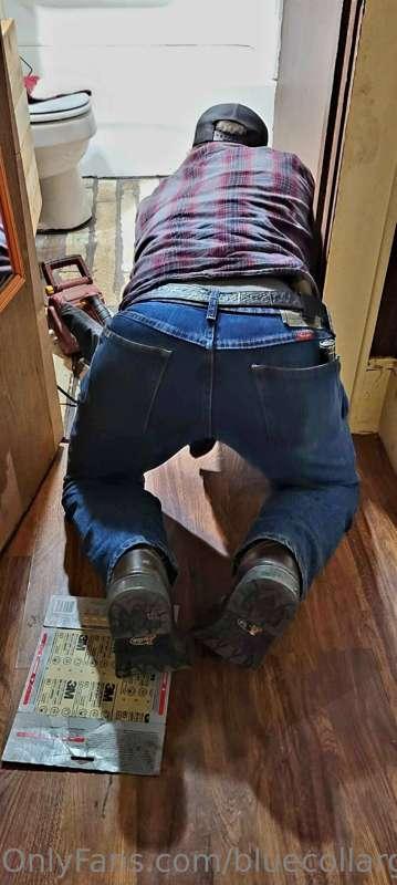 Working on the bathroom floor and my wife takes a pic of my ..