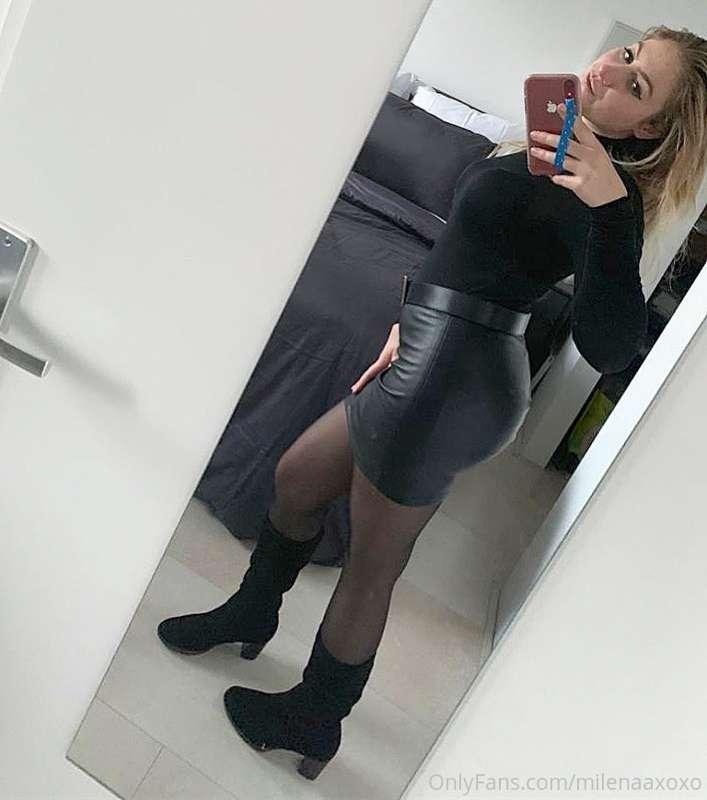 High Heeled Boots, Nylon Pantyhose, Leather Mini Skirt and T..