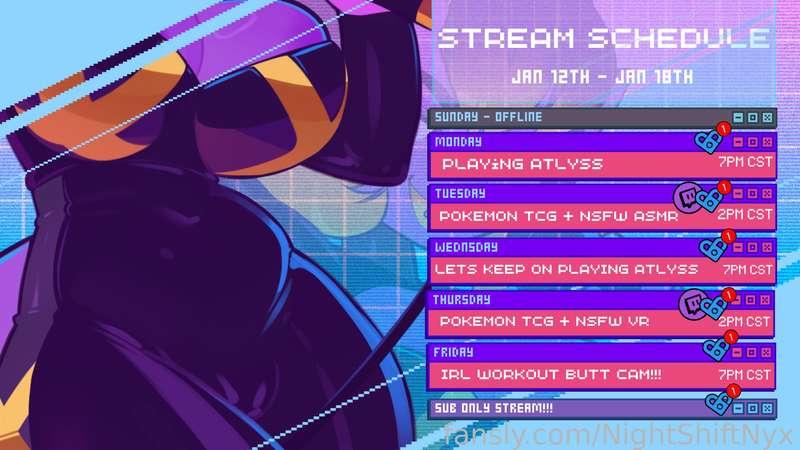 I'm Streaming all Week!🎇👋 

I miss streaming so much! And you guys are just loving the spicy works I got for ya! Don't worry! More is comin to ya~! 

🞮 Here is this weeks Stream Schedule! 🞮 ⤵️✨ 

🎨: @Payanuma on Twitter! 